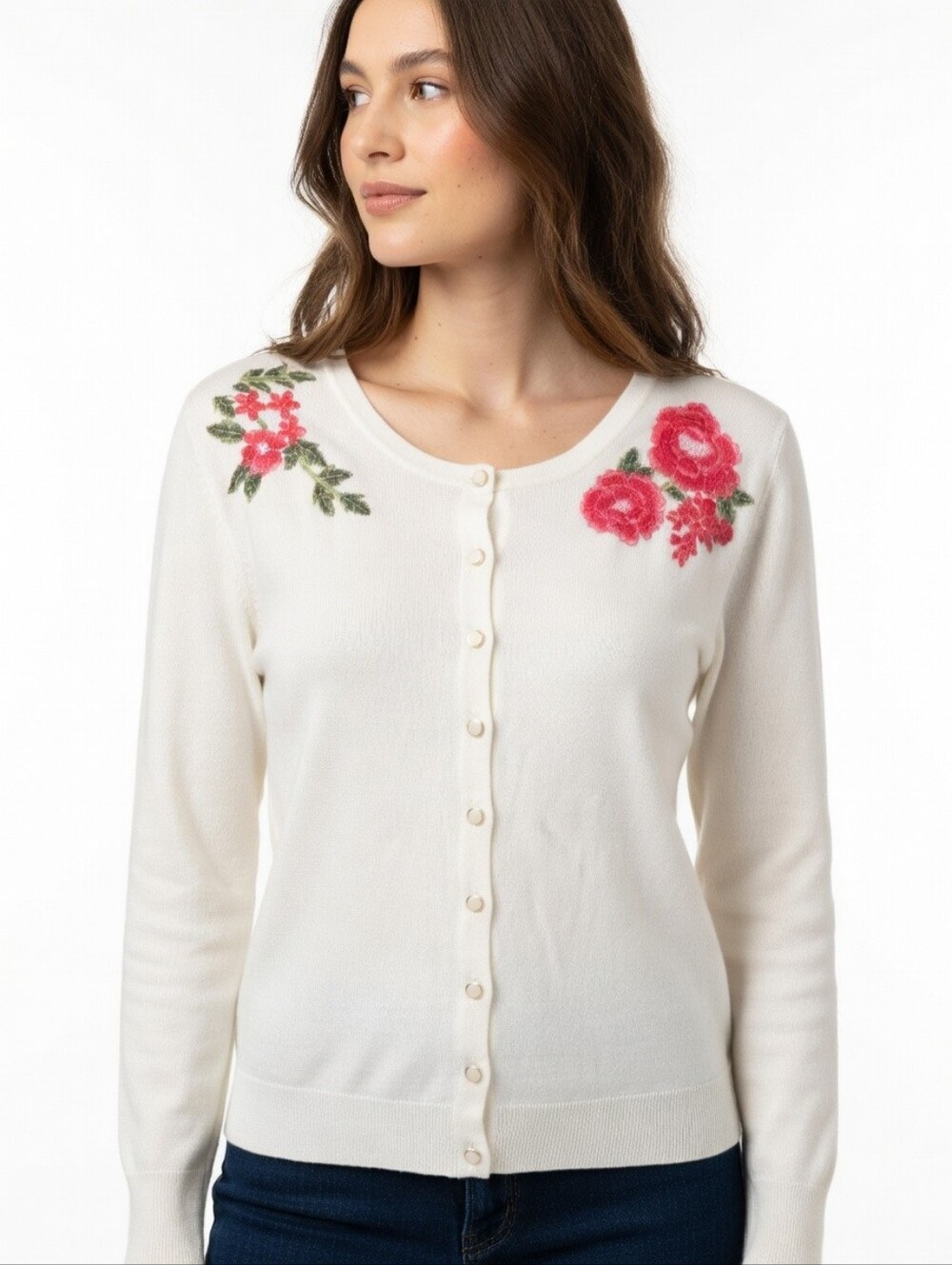 White Button Up Sweater with Floral Embroidery Size M